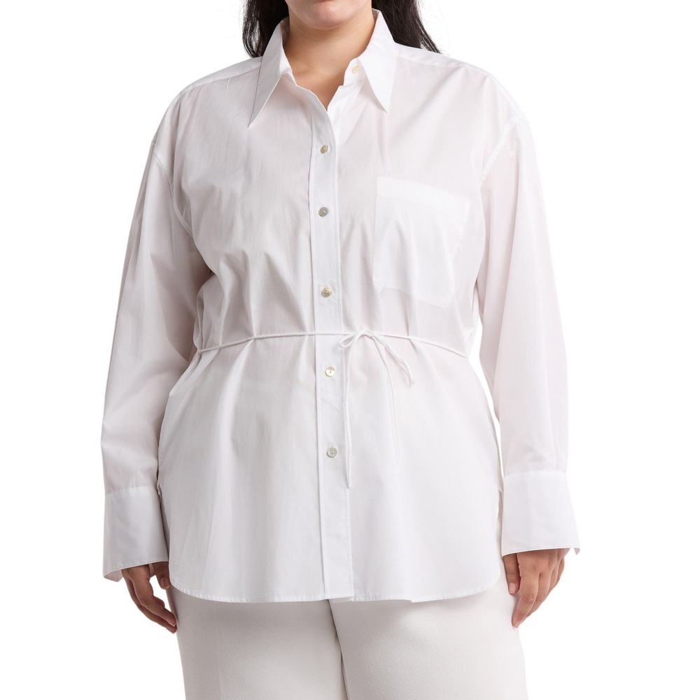 VINCE 100% Cotton Button-Up Shirt Size 2X White Tie-Waist Minimalist Classic